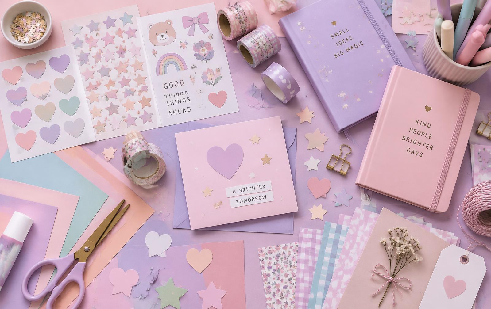 Pastel sticker sheets, washi tape, notebooks and craft paper arranged on a pink table